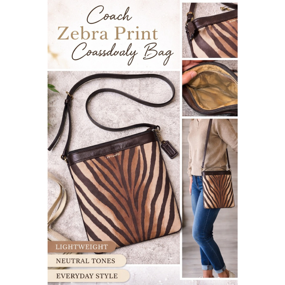 Coach Zebra Print Crossbody Bag Brown Tan Canvas Slim Shoulder Purse SKU 1841